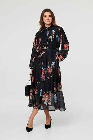 Black | Floral Semi Sheer Tie Waist Midi Dress
