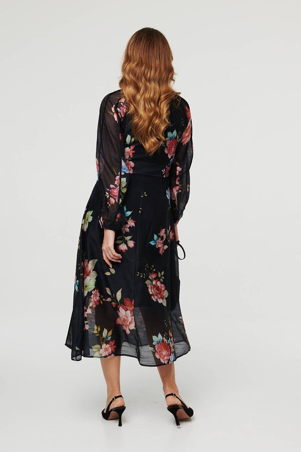 Black | Floral Semi Sheer Tie Waist Midi Dress
