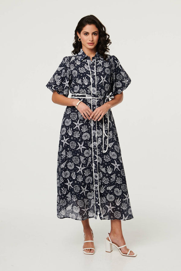 Navy | Tropical Print Puff Sleeve Midi Dress
