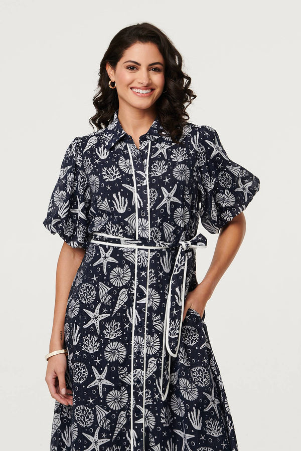 Navy | Tropical Print Puff Sleeve Midi Dress
