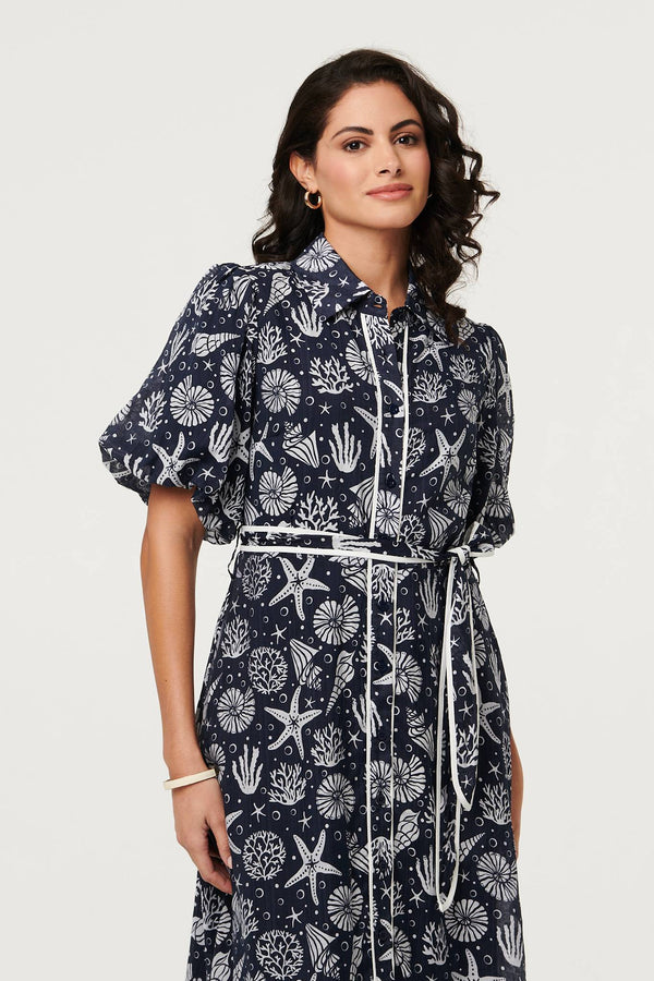Navy | Tropical Print Puff Sleeve Midi Dress
