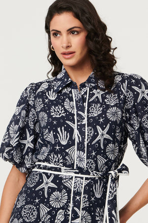 Navy | Tropical Print Puff Sleeve Midi Dress
