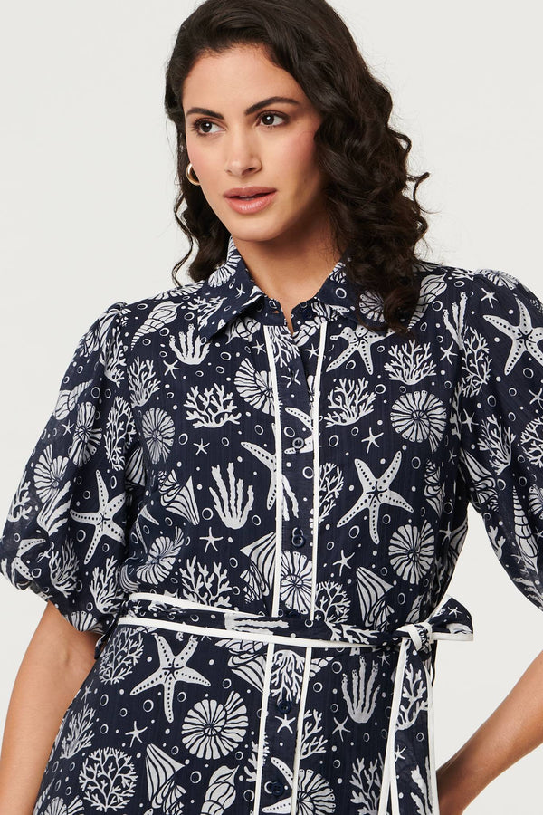 Navy | Tropical Print Puff Sleeve Midi Dress
