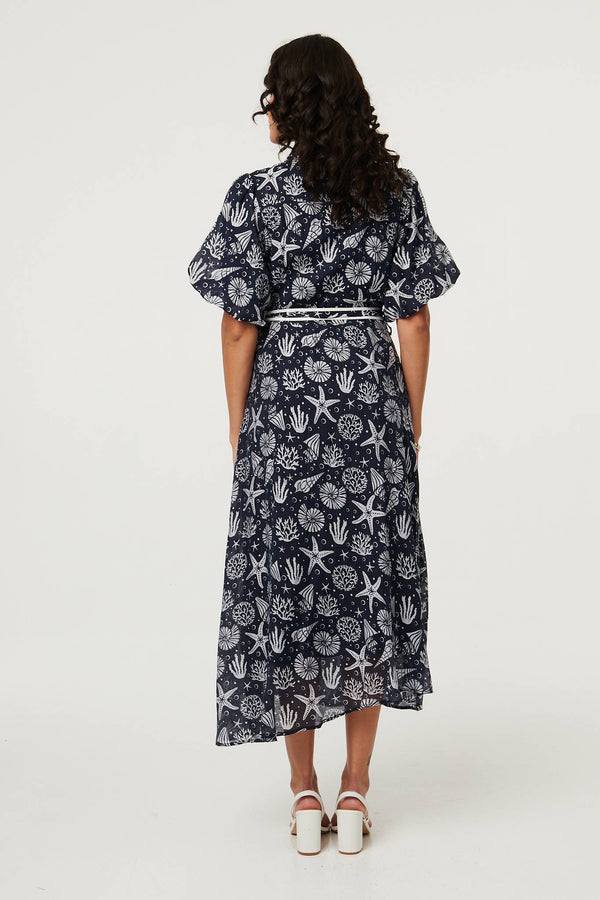 Navy | Tropical Print Puff Sleeve Midi Dress
