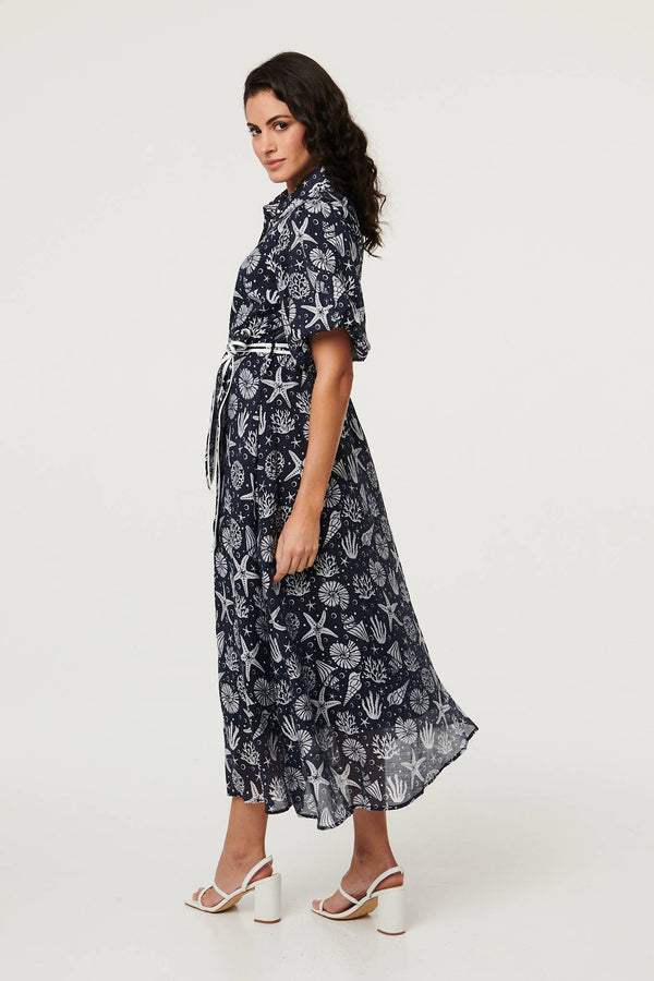 Navy | Tropical Print Puff Sleeve Midi Dress
