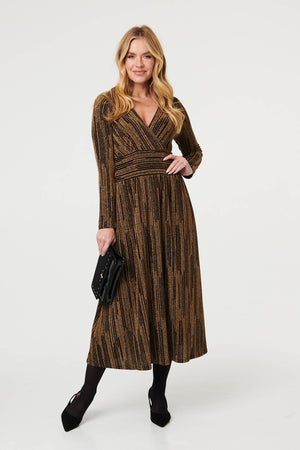 Gold | Striped Texture Long Sleeve Midi Dress