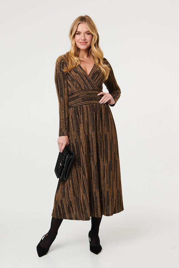 Gold | Striped Texture Long Sleeve Midi Dress