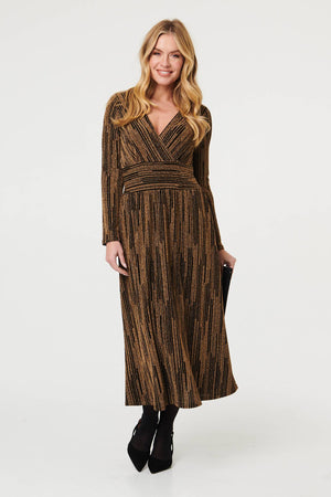 Gold | Striped Texture Long Sleeve Midi Dress