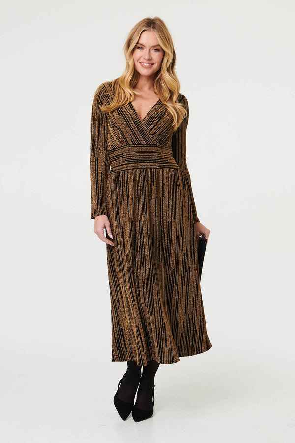 Gold | Striped Texture Long Sleeve Midi Dress