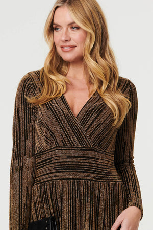 Gold | Striped Texture Long Sleeve Midi Dress