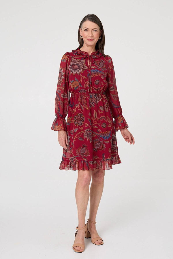 Red | Printed Frill Trim Knee Length Dress