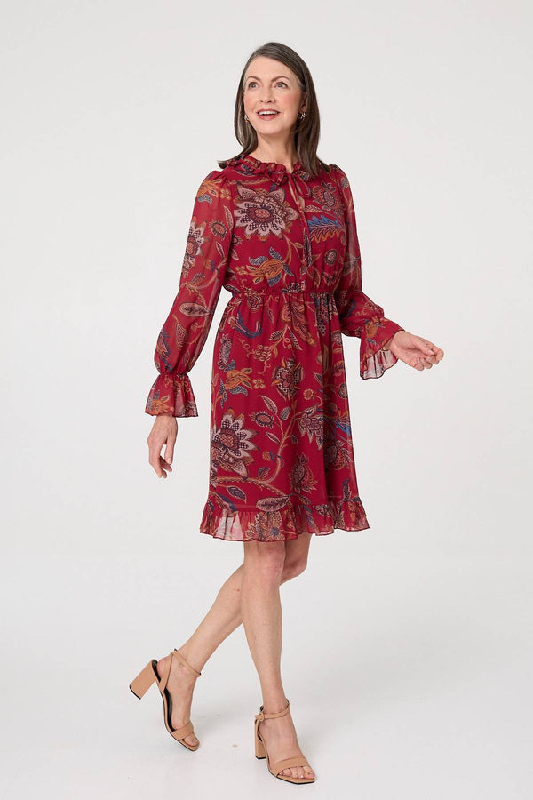 Red | Printed Frill Trim Knee Length Dress
