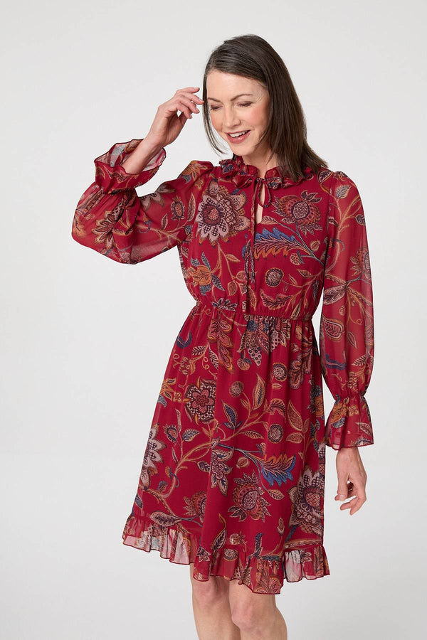 Red | Printed Frill Trim Knee Length Dress