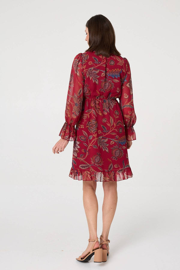 Red | Printed Frill Trim Knee Length Dress