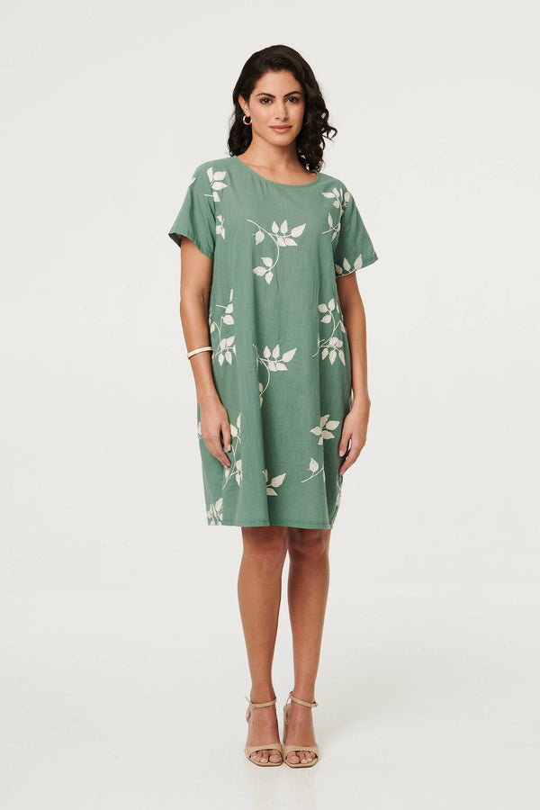 Green | Leaf Print Relaxed Knee Length Dress