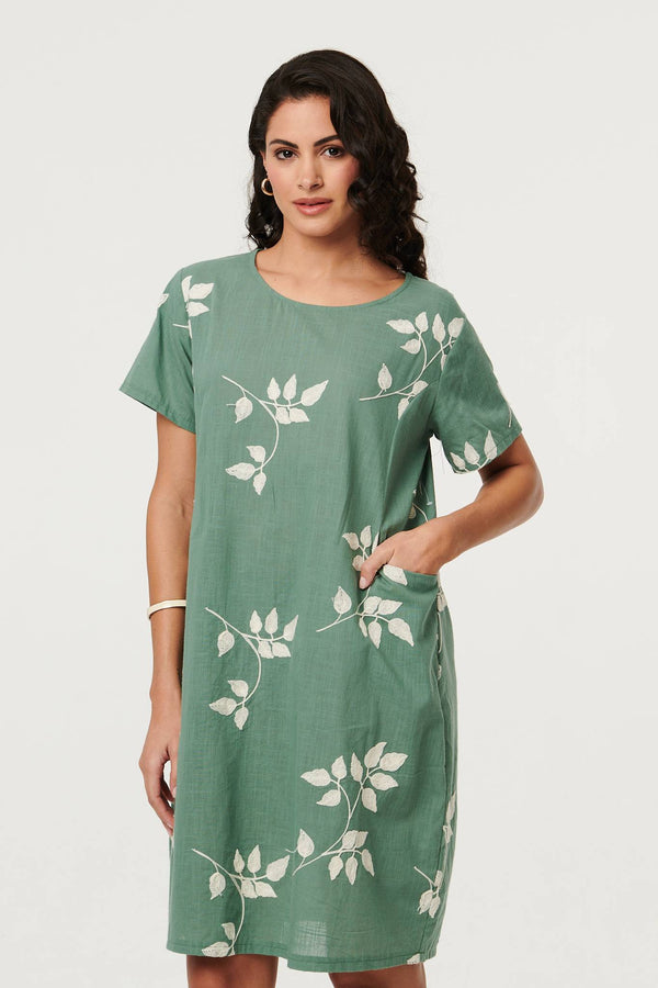 Green | Leaf Print Relaxed Knee Length Dress