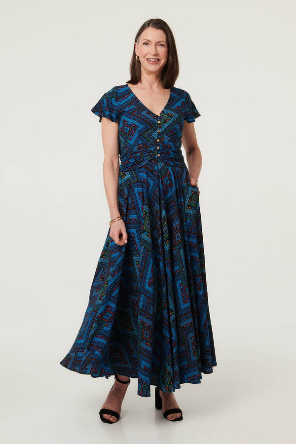 Blue | Geo Print Cap Sleeve Ruched Maxi Dress