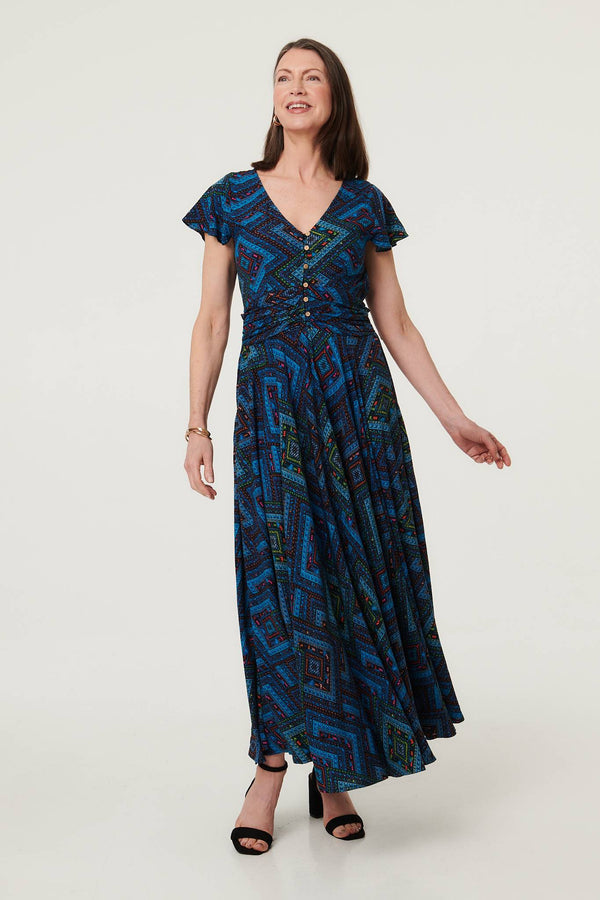 Blue | Geo Print Cap Sleeve Ruched Maxi Dress