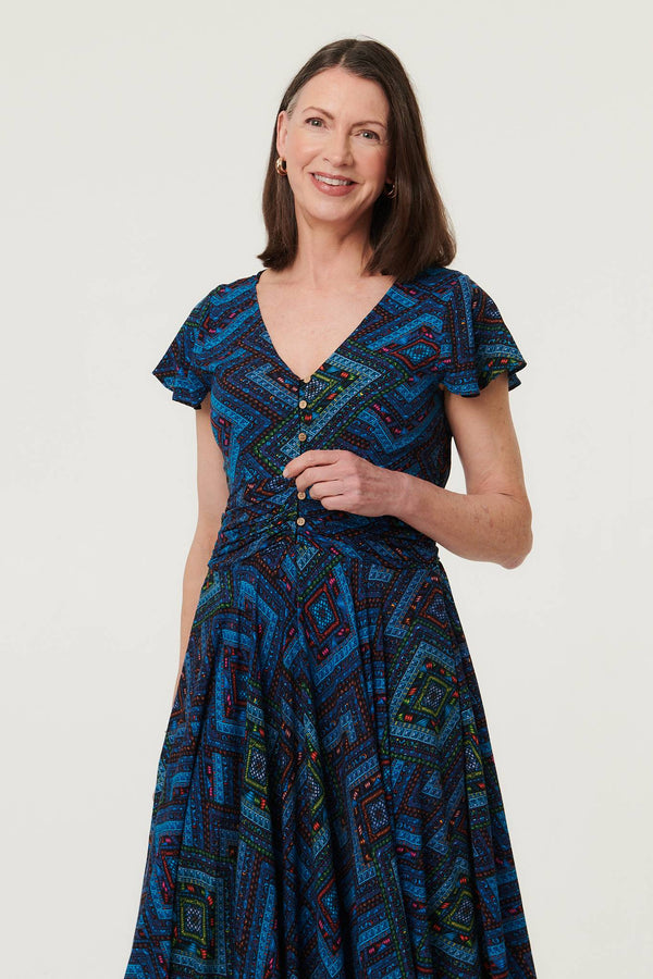 Blue | Geo Print Cap Sleeve Ruched Maxi Dress