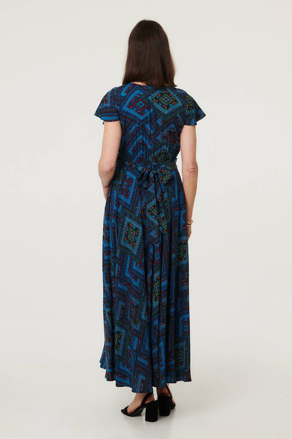 Blue | Geo Print Cap Sleeve Ruched Maxi Dress