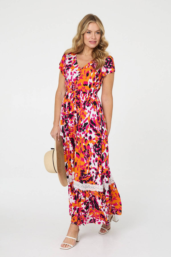 Orange | Animal Print Lace Trim V-Neck Maxi Dress