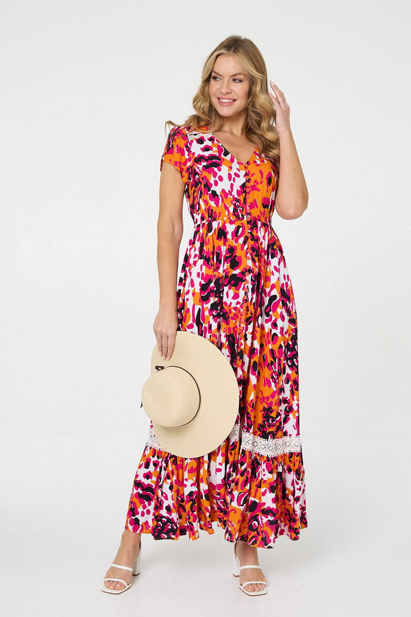 Orange | Animal Print Lace Trim V-Neck Maxi Dress