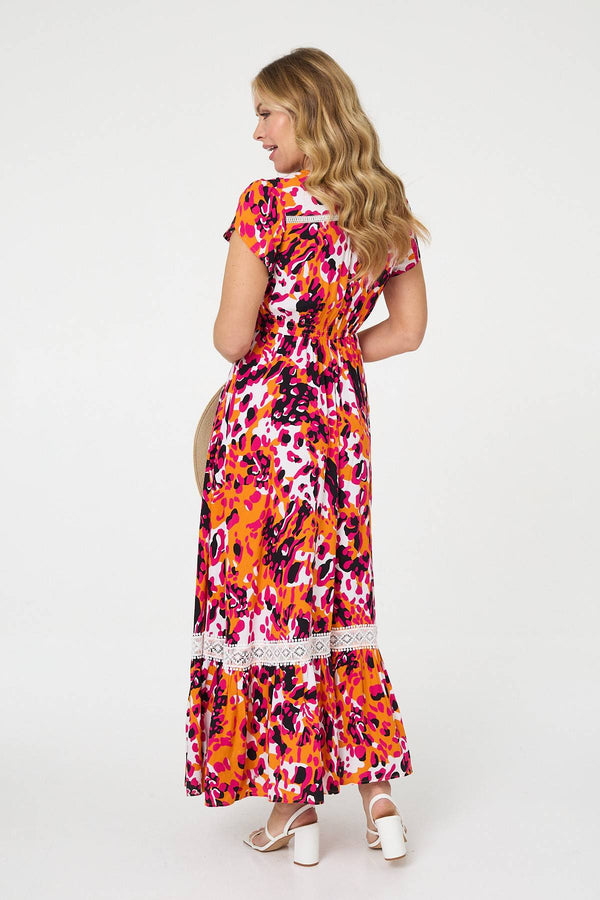 Orange | Animal Print Lace Trim V-Neck Maxi Dress