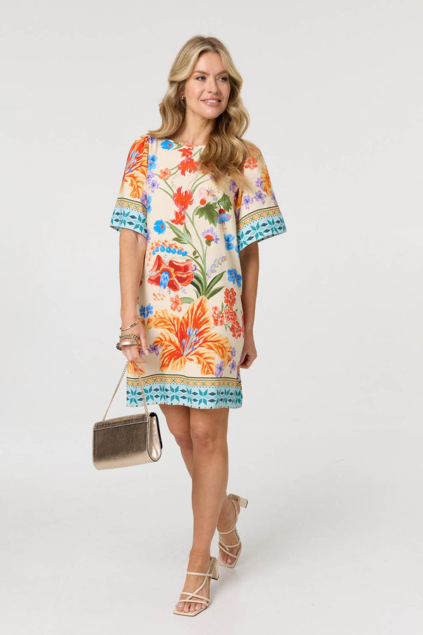Orange | Floral Border Print Short Shift Dress