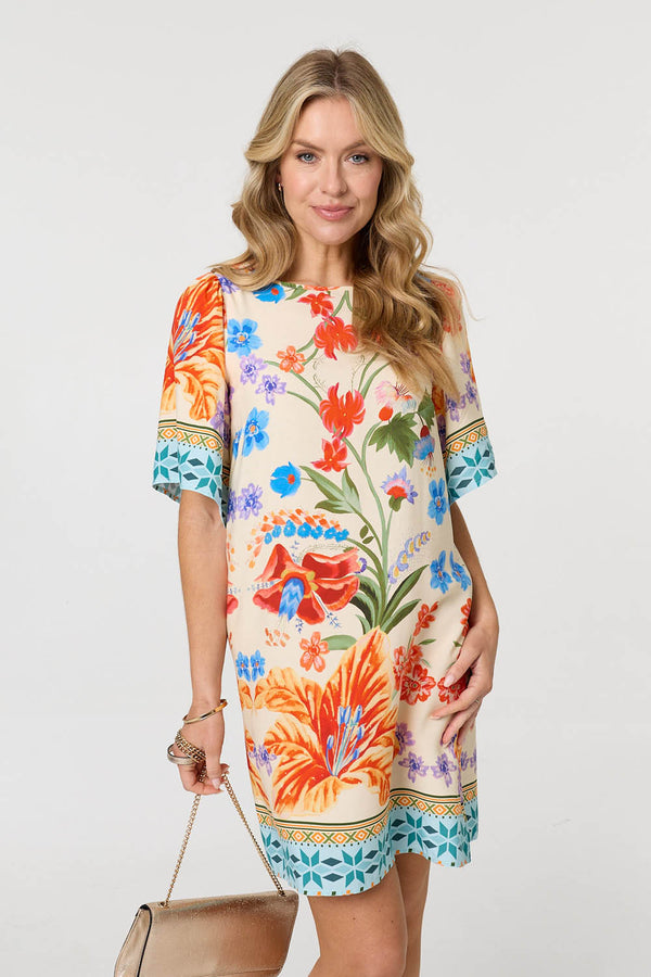 Orange | Floral Border Print Short Shift Dress : Model is 5'10"/178 cm and wears UK8/EU36/US4/AUS8