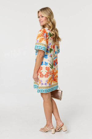 Orange | Floral Border Print Short Shift Dress