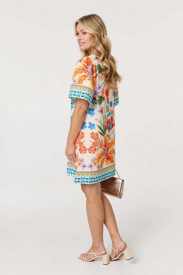 Orange | Floral Border Print Short Shift Dress