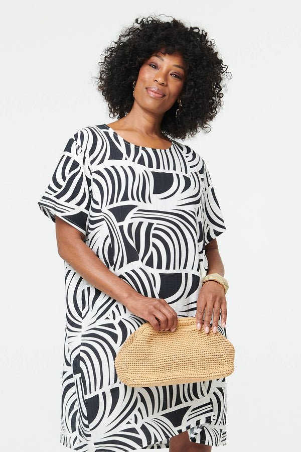 Black | Abstract Shift Short Sleeve Short Dress