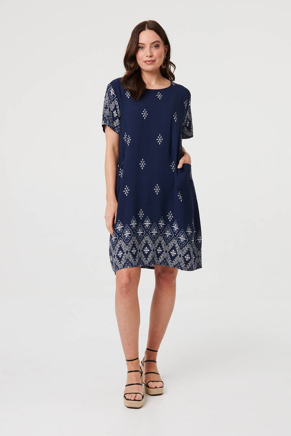 Navy | Border Print Shift Knee Length Dress
