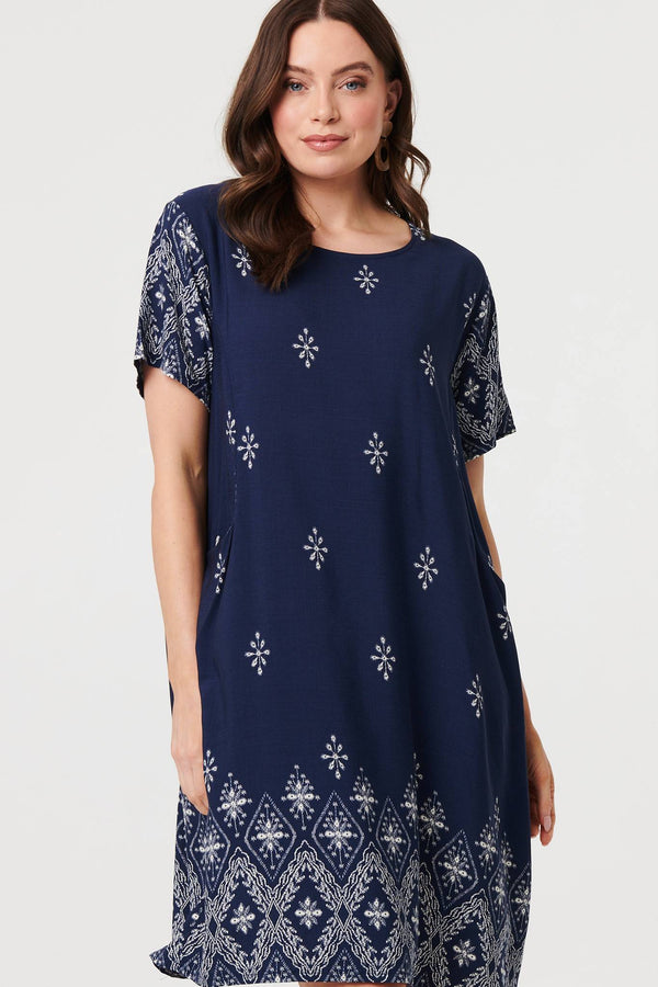 Navy | Border Print Shift Knee Length Dress
