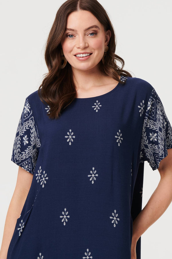 Navy | Border Print Shift Knee Length Dress
