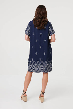 Navy | Border Print Shift Knee Length Dress
