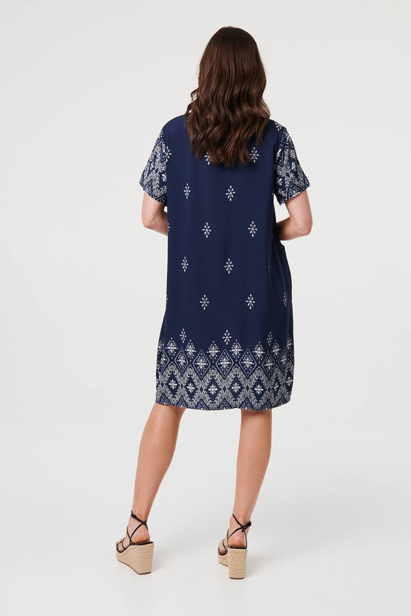 Navy | Border Print Shift Knee Length Dress
