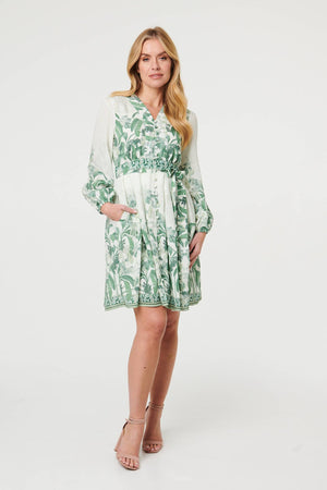 Green | Leaf Print Long Sleeve Tie Short Dress
