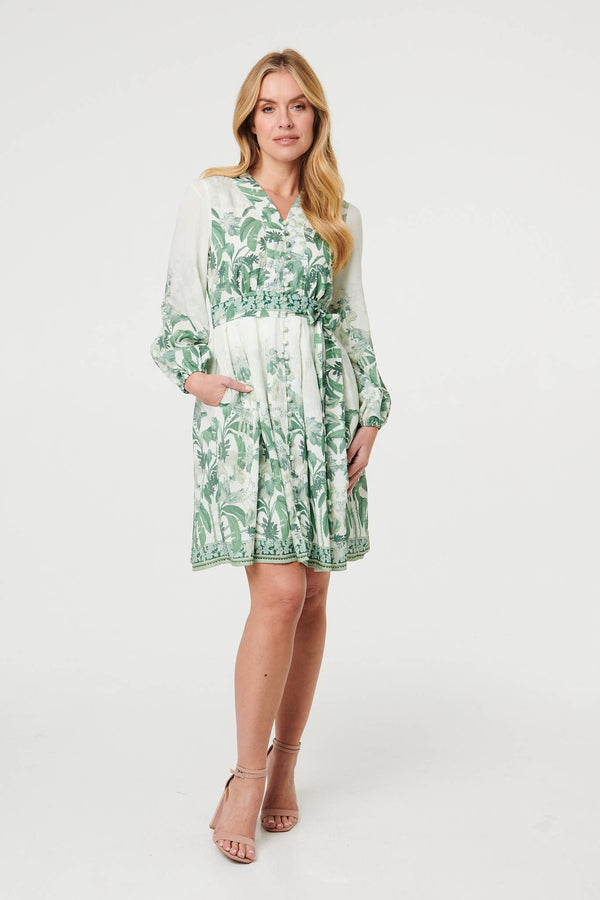 Green | Leaf Print Long Sleeve Tie Short Dress