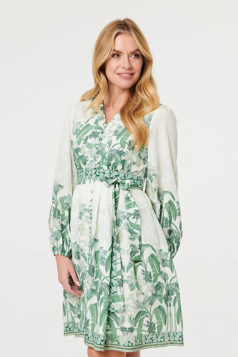 Leaf Print Long Sleeve Tie Short Dress | Izabel London Leaf Print Long Sleeve Tie Short Dress | Izabel London