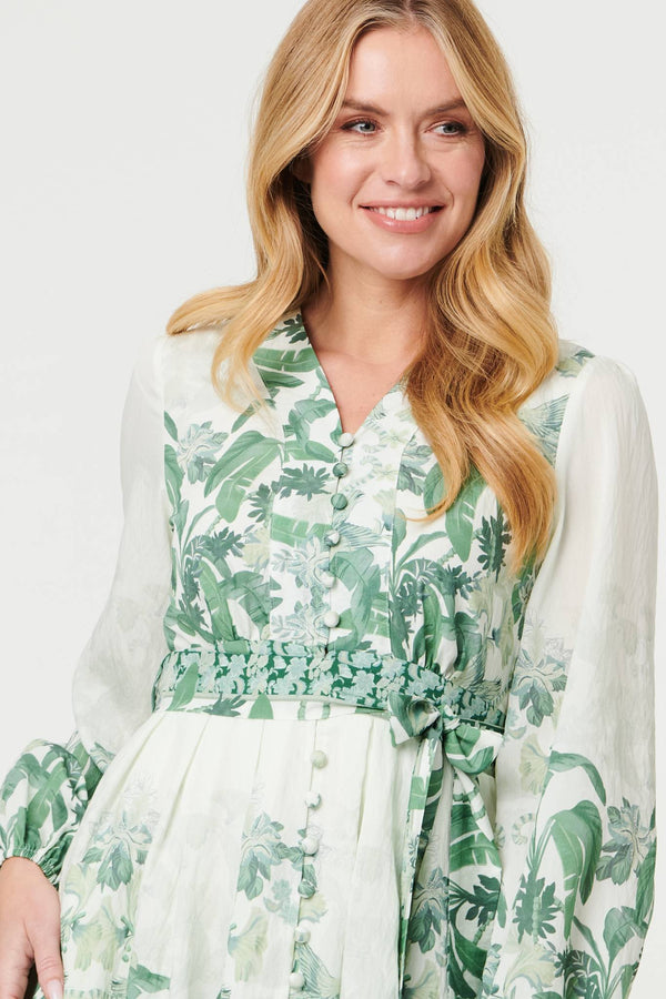Green | Leaf Print Long Sleeve Tie Short Dress
