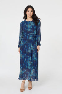 Navy | Printed Semi Sheer Tie Waist Maxi Dress
