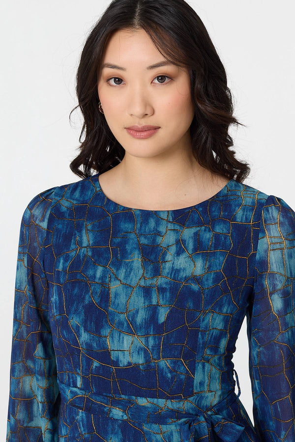 Navy | Printed Semi Sheer Tie Waist Maxi Dress
