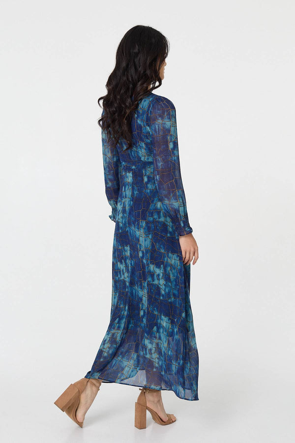 Navy | Printed Semi Sheer Tie Waist Maxi Dress
