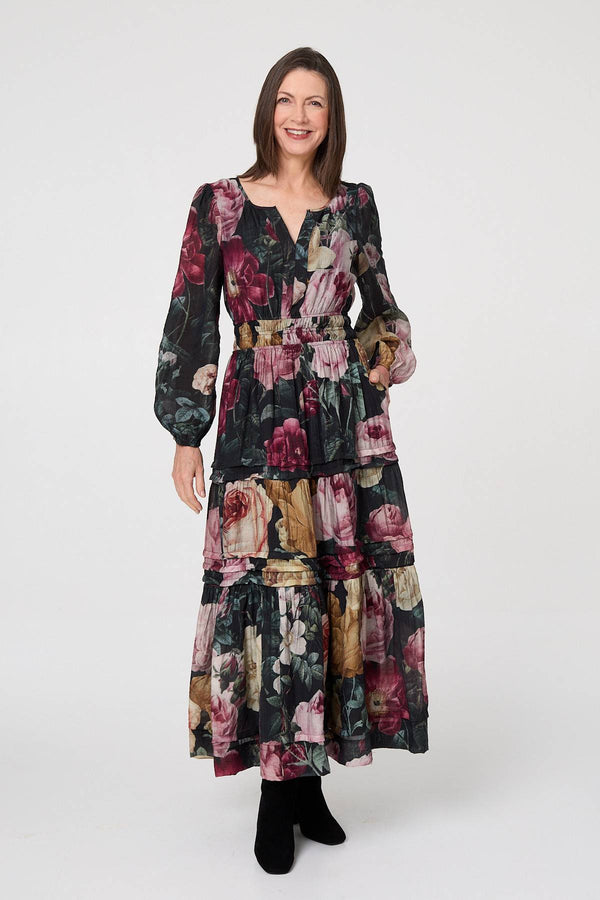 Black | Floral Tiered Long Sleeve Maxi Dress
