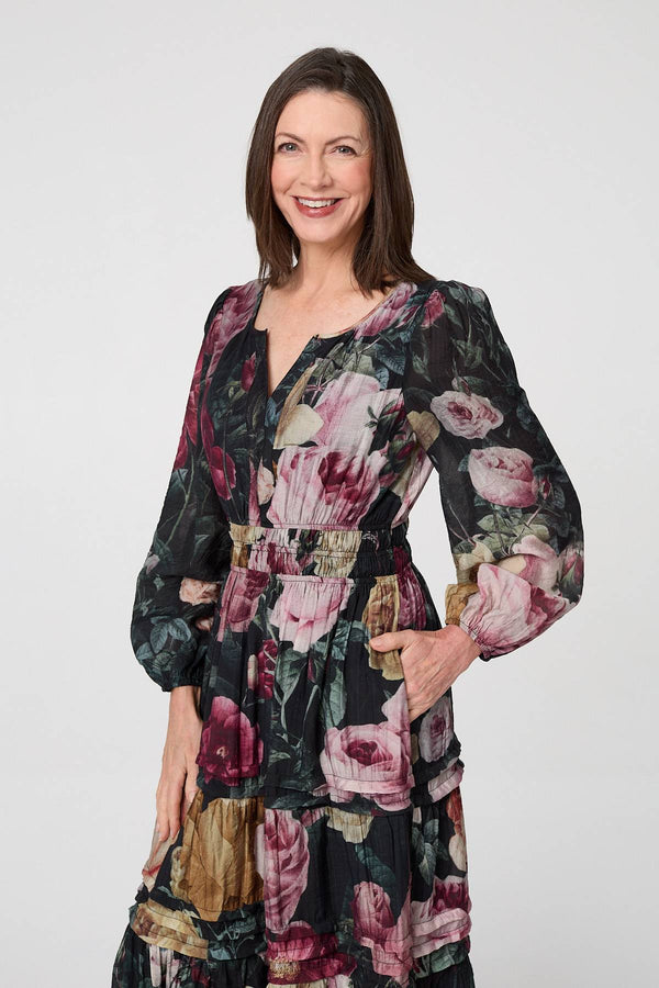Black | Floral Tiered Long Sleeve Maxi Dress

