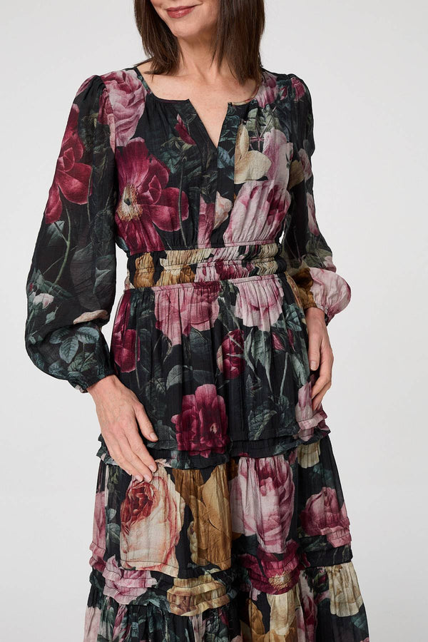 Black | Floral Tiered Long Sleeve Maxi Dress
