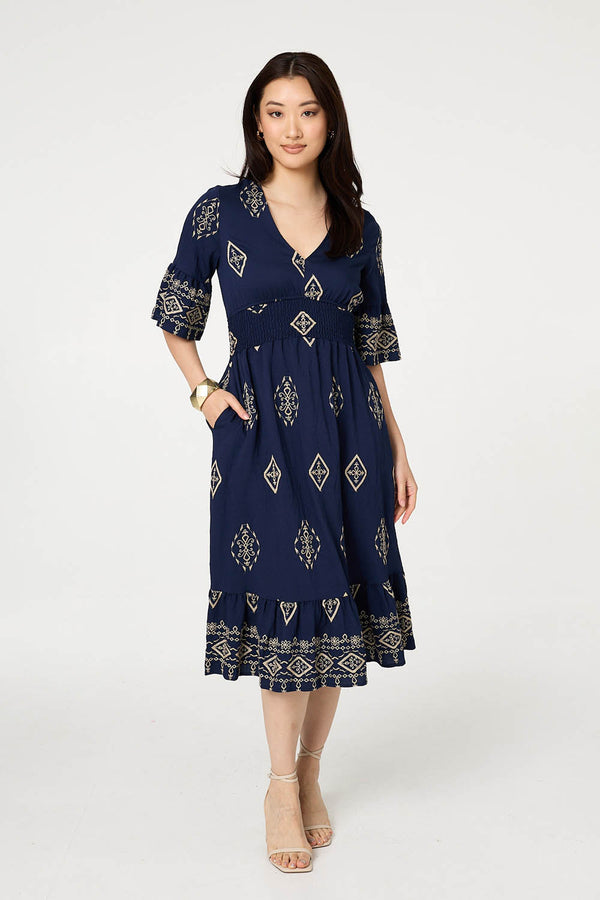 Navy | Printed 1/2 Sleeve Shirred Midi Dress