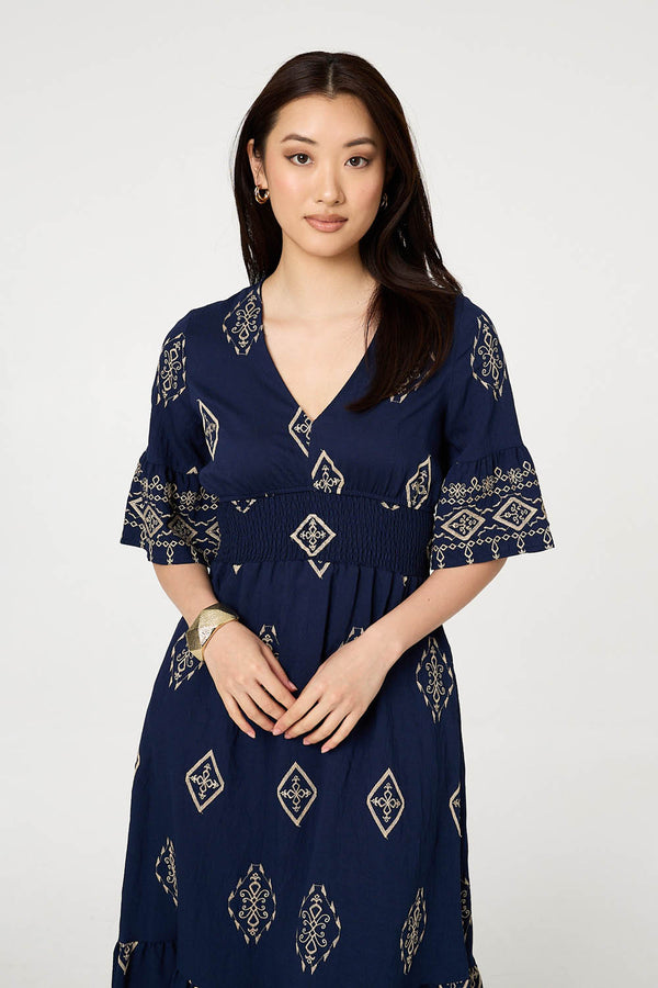 Navy | Printed 1/2 Sleeve Shirred Midi Dress