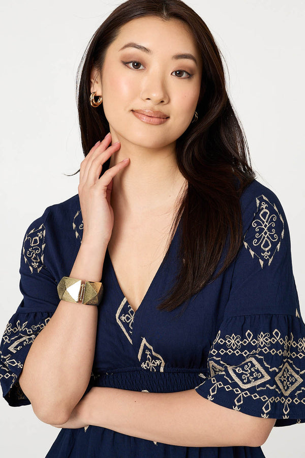 Navy | Printed 1/2 Sleeve Shirred Midi Dress